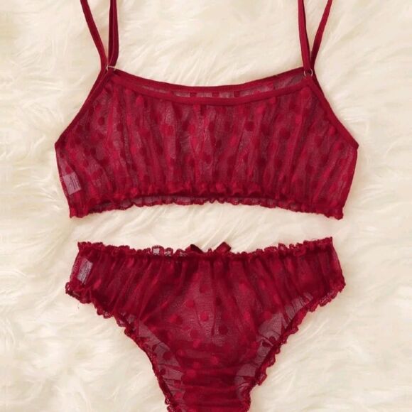Red Polka Dot Lingerie Set • Mesh Bikini Style Lingerie Outfit - Picture 1 of 11